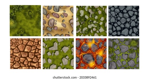 Game ground seamless pattern vector set, cartoon land top view texture, stone rock background. Lava surface, green bush grass above illustration, dry soil, boulder, pebble. Game ground tile collection