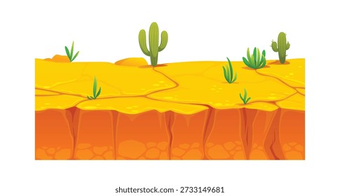 Game ground soil layer of desert stones and rocky terrain with cactus. Cartoon vector layer depicting arid desert ground with rocks, and cacti. Textured, orange brown terrain for adventure games