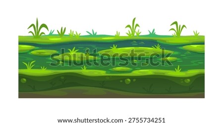 Game ground soil layers of green grass and water. Vector cartoon earth surface in garden or farm or forest meadow. Green horizontal land layer with water and plants for kids game
