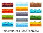 Game ground soil layers of lava and desert sand, grass and stone, ice and water, swamp and rocky terrain, ocean waves. Cartoon vector set of 2d game landscape tiles and environment platforms