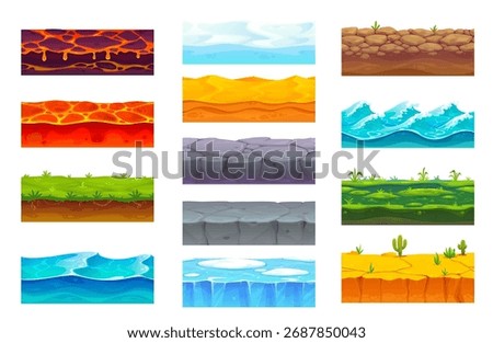 Game ground soil layers of lava and desert sand, grass and stone, ice and water, swamp and rocky terrain, ocean waves. Cartoon vector set of 2d game landscape tiles and environment platforms