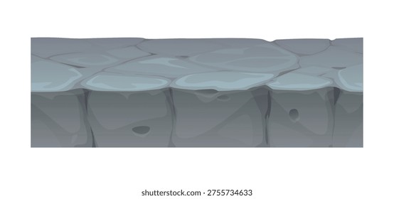 Game ground soil layers of stone and rocky terrain. Cartoon vector ground layer with rocky stone texture and cracked soil. Grey terrain with uneven blocks for game backgrounds and landscape assets