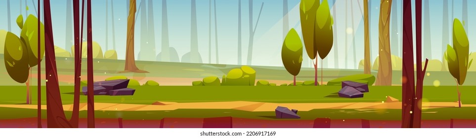 Game-Boden-Struktur der Straße im Wald. Game-Level-Szene mit Sommerlandschaft von tiefen Wäldern mit Weg, grünem Gras, Bäumen, Büschen und Steinen, Vektorgrafik