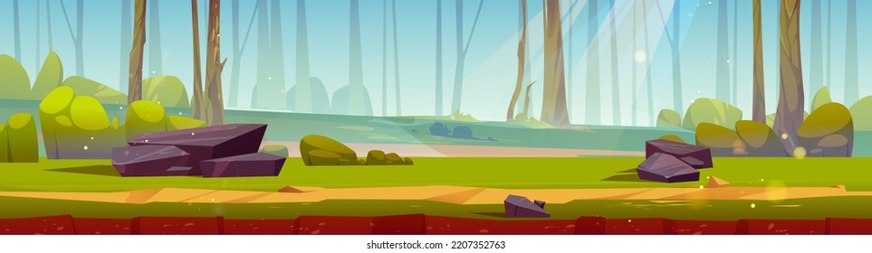 Game ground texture of road in forest. Game level scene with summer landscape of deep woods with path, green grass, trees, bushes and stones, vector cartoon illustration