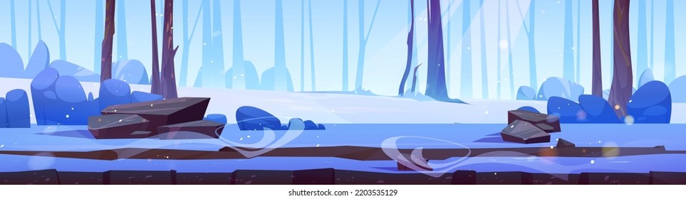 Game Ground Texture Of Winter Forest Landscape With Bare Trees And White Snow. Game Level Nature Scene Of Deep Woods In Blizzard, Vector Cartoon Illustration