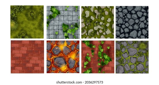 Game ground vector seamless pattern tiles, nature environment stone texture set, green grass, rocks. Surface land background, brick wall, ivy climber, gray boulder, lava top view. Game ground backdrop