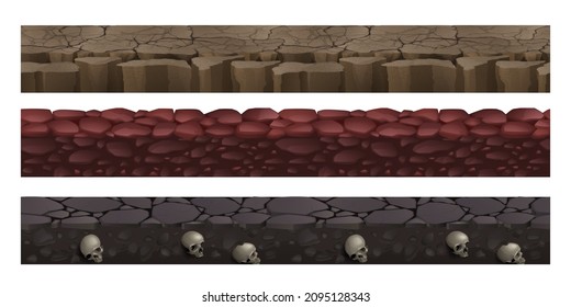 Game grounds with seamless texture of dry soil, red stones and rock land with fossil human skulls. Vector cartoon set of platforms for game levels, cracked desert and dirt landscapes