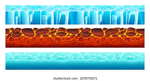 Game grounds with seamless texture of ice, water and lava. Vector cartoon set of platforms for game levels, landscapes with hot magma with stones, frozen water and sea