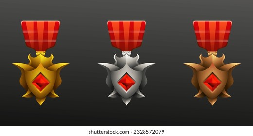 Game GUI Gold, Silver, and Bronze Medal Badges for Celebrating Winners, Perfect for Game Design and Interface Enhancements
