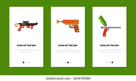Game gun flat icon set. Virtual, arrow, silicon isolated vector sign pack. Equipment and entertainment concept. Vector illustration symbol elements for web design and apps