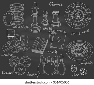 Game hand drawn icons set with casino sport and leisure games, vector illustration, playing cards, darts, chess, casino chips, billiard, domino, bowling, dice, roulette