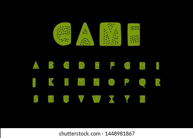Game hand drawn vector font illustration with dots holes green on black background