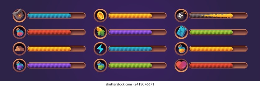 Game health bar. UI asset for video game, energy indicator for mobile web and desktop, potion and heals indicator, wealth and energy bar. Vector colorful set of game bar interface design illustration