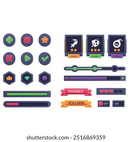 Game health bar. UI asset for video game, energy indicator for mobile web and desktop, potion and heals indicator, wealth and energy bar. Vector colorful set of game bar interface design illustration