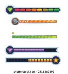 Game health bar. UI asset for video game, energy indicator for mobile web and desktop, potion and heals indicator, wealth and energy bar. Vector colorful set of game bar interface design illustration