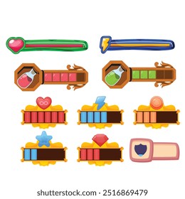 Game health bar. UI asset for video game, energy indicator for mobile web and desktop, potion and heals indicator, wealth and energy bar. Vector colorful set of game bar interface design illustration