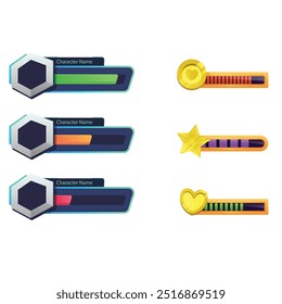 Game health bar. UI asset for video game, energy indicator for mobile web and desktop, potion and heals indicator, wealth and energy bar. Vector colorful set of game bar interface design illustration