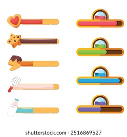 Game health bar. UI asset for video game, energy indicator for mobile web and desktop, potion and heals indicator, wealth and energy bar. Vector colorful set of game bar interface design illustration