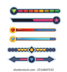 Game health bar. UI asset for video game, energy indicator for mobile web and desktop, potion and heals indicator, wealth and energy bar. Vector colorful set of game bar interface design illustration