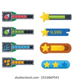 Game health bar. UI asset for video game, energy indicator for mobile web and desktop, potion and heals indicator, wealth and energy bar. Vector colorful set of game bar interface design illustration