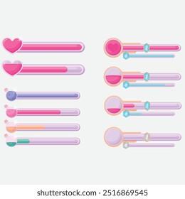 Game health bar. UI asset for video game, energy indicator for mobile web and desktop, potion and heals indicator, wealth and energy bar. Vector colorful set of game bar interface design illustration