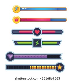 Game health bar. UI asset for video game, energy indicator for mobile web and desktop, potion and heals indicator, wealth and energy bar. Vector colorful set of game bar interface design illustration