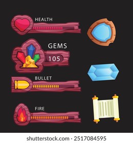Game health bar. UI asset for video game, energy indicator for mobile web and desktop, potion and heals indicator, wealth and energy bar. Vector colorful set of game bar interface design illustration