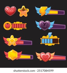 Game health bar. UI asset for video game, energy indicator for mobile web and desktop, potion and heals indicator, wealth and energy bar. Vector colorful set of game bar interface design illustration