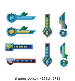 Game health bar. UI asset for video game, energy indicator for mobile web and desktop, potion and heals indicator, wealth and energy bar. Vector colorful set of game bar interface design illustration