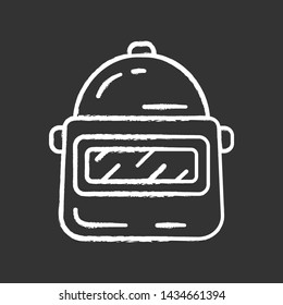 Game helmet chalk icon. Virtual video game protective gear. Player, warrior, soldier protection, safety. Welding helmet. Esport equipment, inventory. Isolated vector chalkboard illustration