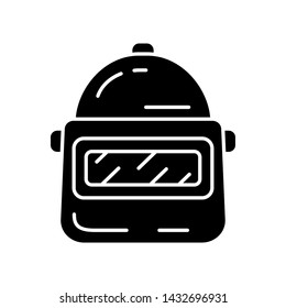 Game helmet glyph icon. Virtual video game protective gear, armor. Player, warrior, soldier protection, safety. Welding helmet. Esport safe inventory. Silhouette symbol. Vector isolated illustration