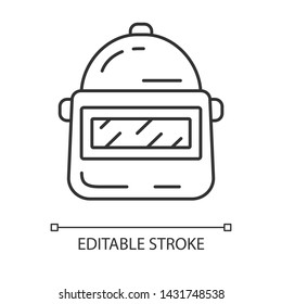 Game helmet linear icon. Game protective gear, armor. Player, warrior, soldier protection. Welding helmet, uniform. Thin line illustration. Contour vector isolated outline drawing. Editable stroke