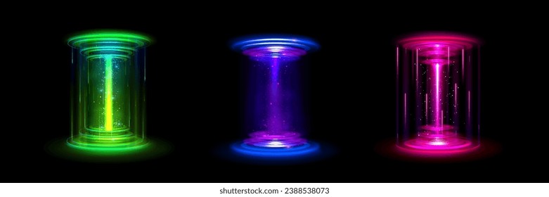 Game holographic portal with neon glow effect - circle platforms with pink, blue and green light beams to travel in space or time. Realistic vector set of fantastic futuristic podiums for teleport.