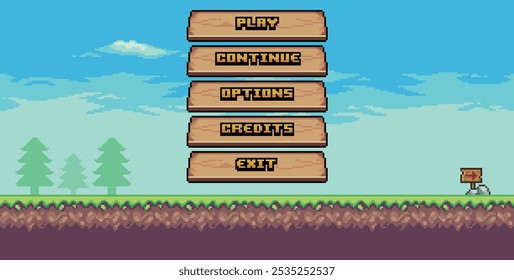 Game home screen in pixel art, 8-bit style with wooden buttons and a vibrant blue sky, showing options for gameplay selection