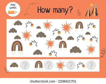 El juego "¿Cuántos?" para los niños. Ilustración de dibujos animados.