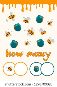 Game how many bees and pots, game for children, interesning game for kids, bright colours, cartoon animals game