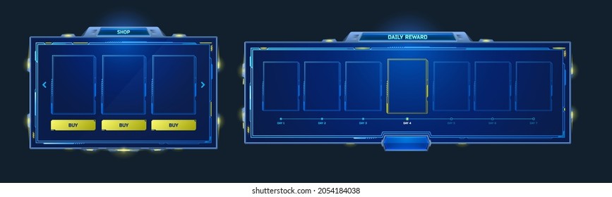 Game hud frames in sci fi style for shop and daily reward. Vector futuristic design of game gui elements with buttons and blue border isolated on black background svg