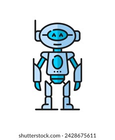 Juego robot humanoide, droide futurista, alienígena retro virtual bot línea de color icono. Tecnología robótica vintage androide, androide humanoide chatbot o máquina del futuro de la industria, IA robot esquema vector icono