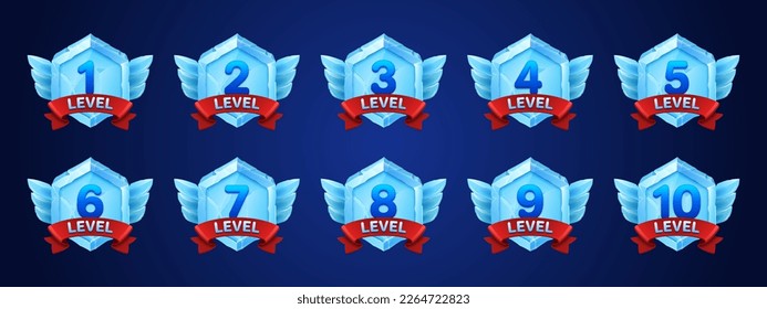 Game ice badges with level number. Achievement rank emblems, frozen hexagon label of game level with red ribbon and wings, vector cartoon set isolated on background