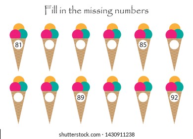 Game with ice creams for children, fill in the missing numbers, middle level, education game for kids, school worksheet activity, task for the development of logical thinking, vector illustration
