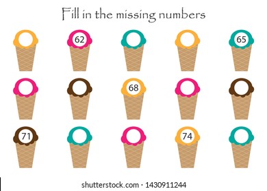 Game with ice creams for children, fill in the missing numbers, middle level, education game for kids, school worksheet activity, task for the development of logical thinking, vector illustration