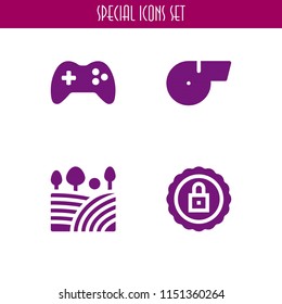 game icon. 4 game set with medal, sports and competition, gamepad controller and field vector icons for web and mobile app