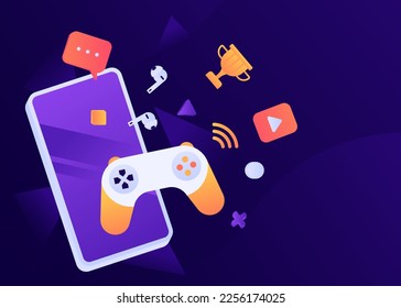 icono de juego y fondo con una gran ilustración de smartphone y stick, juego de jugador Fondo de juego para el futuro. consola de estación de reproducción, ilustración vectorial. Concepto de juego en línea. joystick de consola de juegos