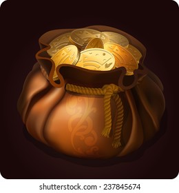 Game icon of bag with gold coins. Vector design for app user interface