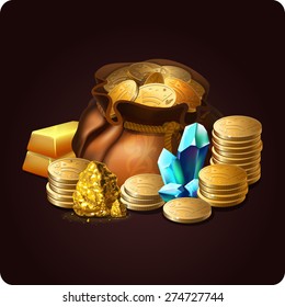 Game icon of bag with gold coins nugget and magic crystal. Vector design for app user interface