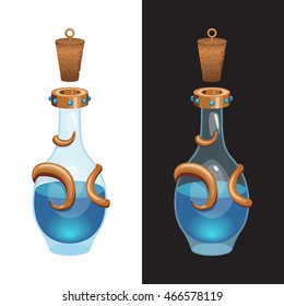 Game icon of blue elixir in the precious bottle decorated with bronze or copper. Vector design in cartoon style for app user interface.