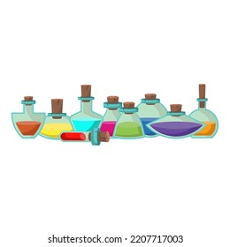 Game icon of bottle with poison or elixir. Cartoon container for health or energy. Magical liquid in glass bottle with cork. Vector illustration of magic item or wizard toxic object.