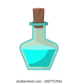 Game icon of bottle with poison or elixir. Cartoon container for health or energy. Magical liquid in glass bottle with cork. Vector illustration of magic item or wizard toxic object.