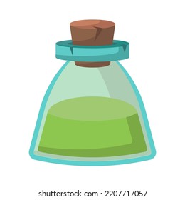 Game icon of bottle with poison or elixir. Cartoon container for health or energy. Magical liquid in glass bottle with cork. Vector illustration of magic item or wizard toxic object.