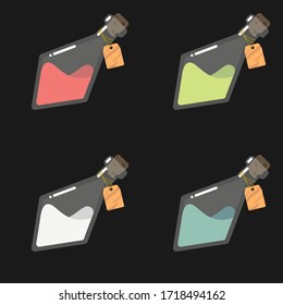 Game icon of bottles with colorful liquid. Interface for mobile game. Set of glass flasks with empty labels. Flasks with magic elixirs, poisons or anover drinks. Vector illustration on dark background